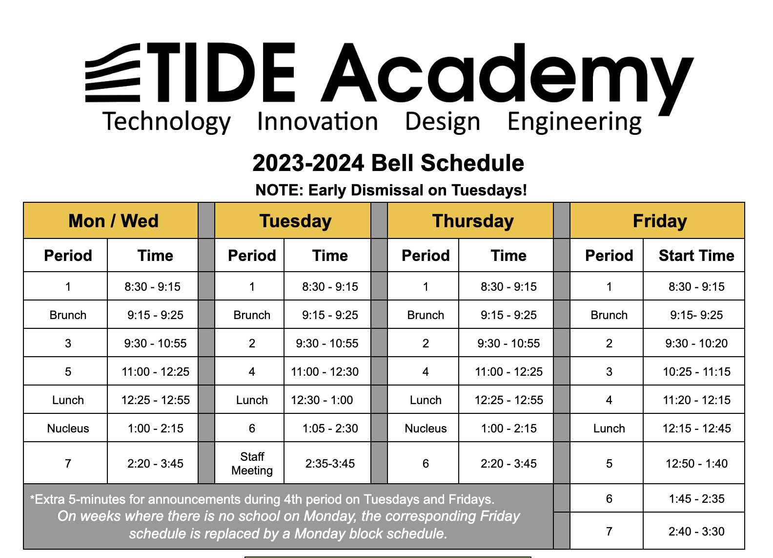 Bell Schedule for 2023-24 School Year
