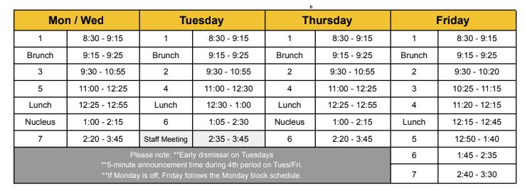 Bell Schedule for 2023-24 School Year