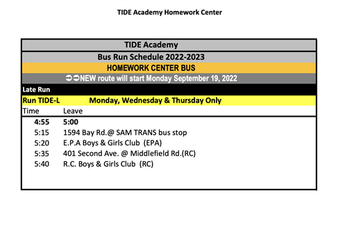 Homework Center 5:00 pm bus Schedule