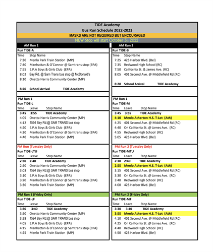 Updated TIDE Bus Schedule (2022-2023)